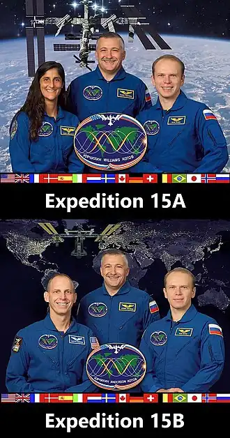 esq/dir (15A): Williams, Kotov e Yurchikhin. esq/dir (15B): Anderson, Kotov e Yurchikhin.