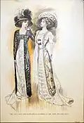 Vestidos longos com cinturas altas e chapéus grandes, 1909.