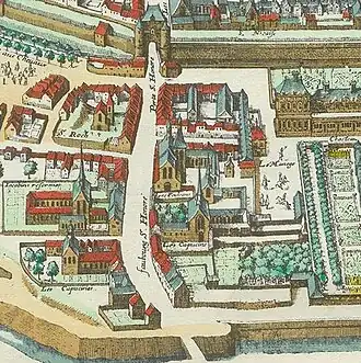 Detalhe do Plano de Mérian de 1615 (norte à esquerda): a segunda porta (acima) do século XIV o Faubourg atravessado pela rua Saint-Honore e o bastião do século XVII (parte inferior).
