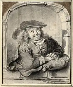 Autorretrato, desenho de Ferdinand Bol (c. 1650-1655, Albertina (Viena)). Um tempo atribuído a Rembrandt; inspirado, em particular, pelo autorretrato em gravura de 1638 (B. 20)[93].