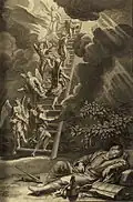 Ilustração para a Escada de Jacó (Gênesis 28:12), de 1728 Figures de la Bible ; ilustrado por Gerard Hoet e outros