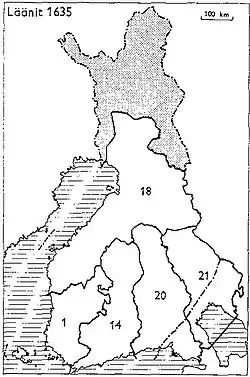 1634 1: Åbo e Björneborg, 14: Nyland e Tavastehus, 18: Österbotten, 20: Viborg e Nyslott, 21: Kexholm