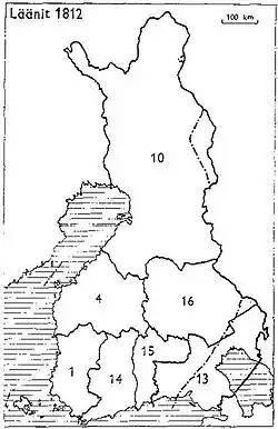 1812 1: Åbo e Björneborg, 4: Vasa, 10: Uleåborg, 13: Viborg, 14: Nyland e Tavastehus, 15: Kymmenegård, 16: Savolax e Karelen
