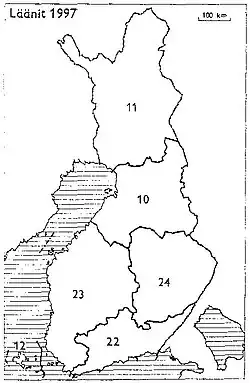 1997 10: Uleåborg, 11: Lappland, 12: Åland, 22: Södra Finland, 23: Västra Finland, 24: Östra Finland