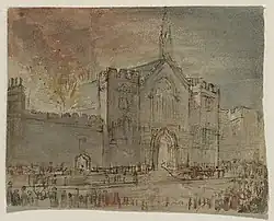 Vista da fachada do Parlamento em chamas, feita em aquarela por John Constable. Carros de bombeiros aparecem em frente ao edifício, com multidões mostradas na parte externa da imagem.
