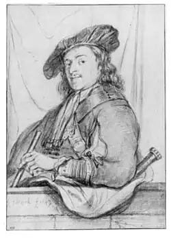 Autorretrato, desenho de Govaert Flinck (1643. Fortemente inspirado na água-forte de 1639 (B. 21))[95].