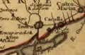 Forte num mapa do séc. XVIII, estando assinalado o "Forte Velho" (Forte do Rato) e o Forte de São João chamado de "Novo da Barra de Tavira".