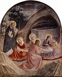 Afresco de Fra Angelico (c. 1437-1446) mostrando a cena perto do túmulo.