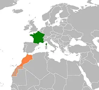 Mapa indicando localização da França e do Marrocos.