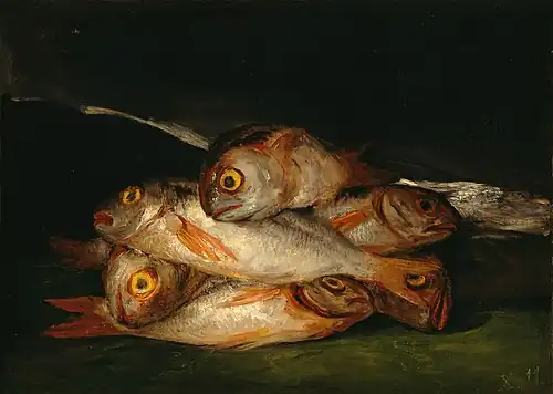 Peixe e alusões alegóricas — para Los Desastres de la Guerra. Still Life with Golden Bream por Francisco Goya; 1808, 45 × 63&nbsp;cm, Museu de Belas-Artes de Houston.