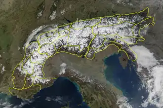 Mapa topográfico dos Alpes.