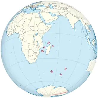 Localização das Terras Austrais e Antárticas Francesas no mundo, incluindo a reivindicação francesa sobre a Terra Adélia.
