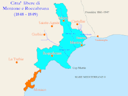 Mapa do território e das cidades livres de Menton e Roquebrune em 1848.