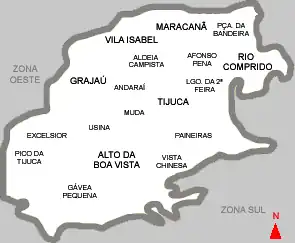 Representação cartográfica da Grande Tijuca, com seus bairros e sub-bairros.