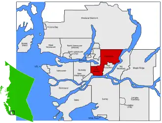 Localização de Coquitlam no Distrito de Vancouver