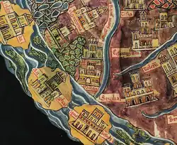 Ano 1220. Fragmento do mapa do Beato de San Andrés de Arroyo.[343] O mapa de estilo românico não esquece de situar Gallecia no norte da Península acompanhada de Asturias.