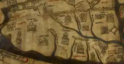 Ano 1290. Fragmento do mapa de Hereford.[350] Destacam-se em vermelho as distintas áreas geográficas e em preto as cidades. O habitual "Galicia" é substituído aquí por Compostii (Compostela), desenhando-se no interior o farol da Corunha e a Catedral de Santiago e aparecendo os topónimos Bragantia (Corunha), Templum Sancti Jacobi entre outros.[351][352]