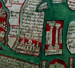 Ano ca. 1350. Fragmento do mapa-mundi de Ranulf Hidgen.[356] O mapa, que coloca Jerusalém no centro do orbe terráqueo, situa St. Iacobi (a catedral de Santiago) ocupando todo o norte da península ibérica como o monumento mais importante do occidente europeu.[357]