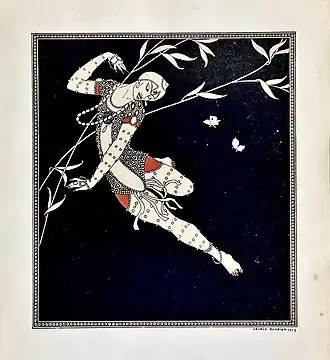 O exotismo dos Ballets Russes teve uma forte influência no começo da Déco. Um desenho do dançarino Vaslav Nijinsky, do artista de moda de Paris Georges Barbier (1913)