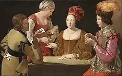 A Trapaça com o Ás de Paus, c. final da década de 1620, Kimbell Art Museum Fort Worth, Texas. Outra versão (com diamantes e roupas ligeiramente diferentes) está no Louvre.