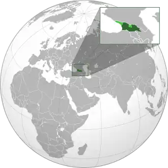 Localização da Geórgia (em verde escuro) Territórios ocupados pela Rússia (em verde claro)