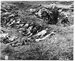 Um grupo de civis escava um buraco em um campo sob a observação de soldados.