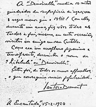 Carta manuscrita de Santos Dumont com um esboço do Demoiselle
