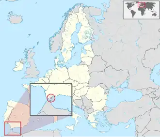 Localização de Gibraltar (em vermelho) Localização na União Europeia (em branco) Localização na Europa (em cinza)