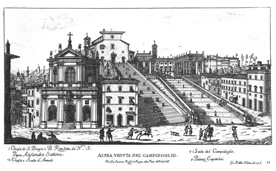 Gravura de Giovanni Battista Falda mostrando a igreja em sua posição original.