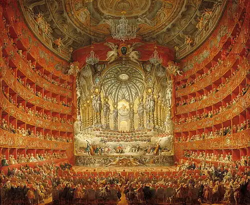 Interior decorado para uma festa em 1747, pintado por Giovanni Paolo Pannini.