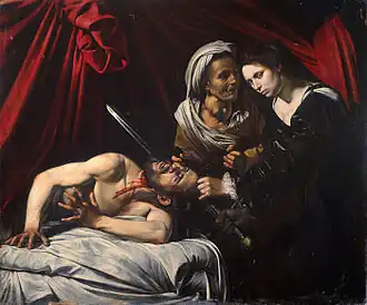 Judite decapitando Holofernes atribuída a Caravaggio, 144×173 cm, 1607, encontrada perto de Toulouse em 2014.
