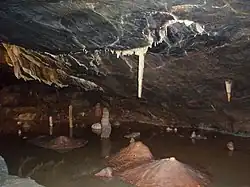 Interior de caverna marrom-escura com água. Uma estalagmite branca pendurada verticalmente mostrada acima de um monte marrom no chão da caverna