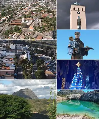 Montagem de fotos de Gouveia: Do alto, de cima para baixo: Vista aérea de Gouveia; Vista parcial do Centro da Cidade; A Serra de Santo Antônio; A Torre da Igreja Matriz de Santo Antônio; A Estátua de Santo Antônio (Padroeiro da Cidade); A Árvore de Natal da Cidade e a Lagoa Azul no Distrito de Picada.