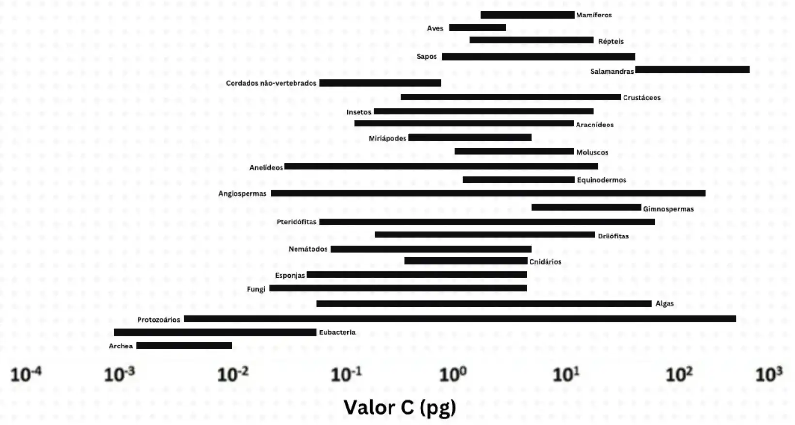 Gráfico apresentando a quantidade de valor c em diferentes organismos.