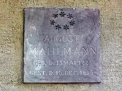 Inscrição de seu túmulo no Alter Johannisfriedhof de Leipzig.