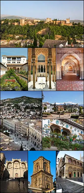 De cima para baixo e da esquerda para a direita: 1) palácio da Alhambra; 2) Generalife; 3) Pátio dos Leões; 4) Sala dos Reis; 5) vista dos bairros históricos do Albaicín e do Sacromonte; 6) Huerto del Carlos, com a Alhambra e a Serra Nevada ao fundo; 7) Plaza Nueva; 8) fachada no Albaicín; 9) fachada da catedral; 10) campanário da catedral; 11) Capela Real