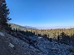 Formação rochosa com muitas árvores preenchendo o horizonte e uma paisagem montanhosa ao fundo