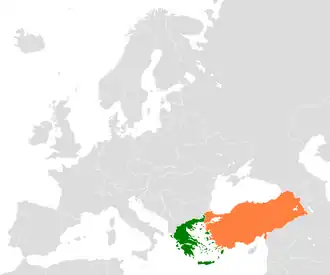 Mapa indicando localização da Grécia e da Turquia.