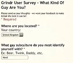 Grindr survey asking users what subculture they identify with