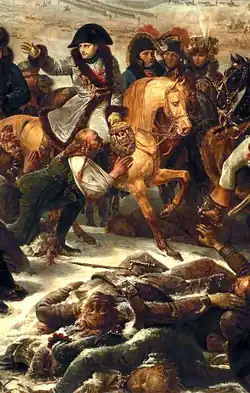 Antoine-Jean Gros, detalhe de Napoleão no Campo de Batalha de Eylau, 1807, Louvre. Tal como Gros, Géricault testemunhou e sentiu a exaltação da violência, ficando perturbado com as suas consequências humanas.[11]