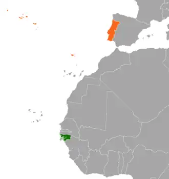 Mapa indicando localização da Guiné-Bissau e de Portugal.