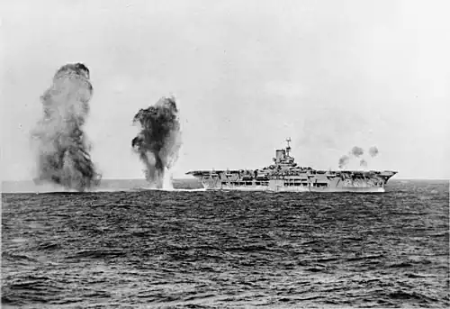 British aircraft carrier HMS&nbsp;Ark Royal under attack from Italian aircraft during the Battle of Cape Spartivento (27 November 1940)