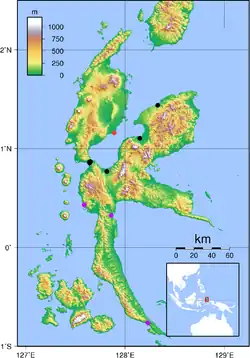 &nbsp;&nbsp;&nbsp;&nbsp;&nbsp;&nbsp; registros recentes &nbsp;&nbsp;&nbsp;&nbsp;&nbsp;&nbsp; antes de 1950 &nbsp;&nbsp;&nbsp;&nbsp;&nbsp;&nbsp; Kao town O mapa mostra a localização de Halmahera na Indonésia.
