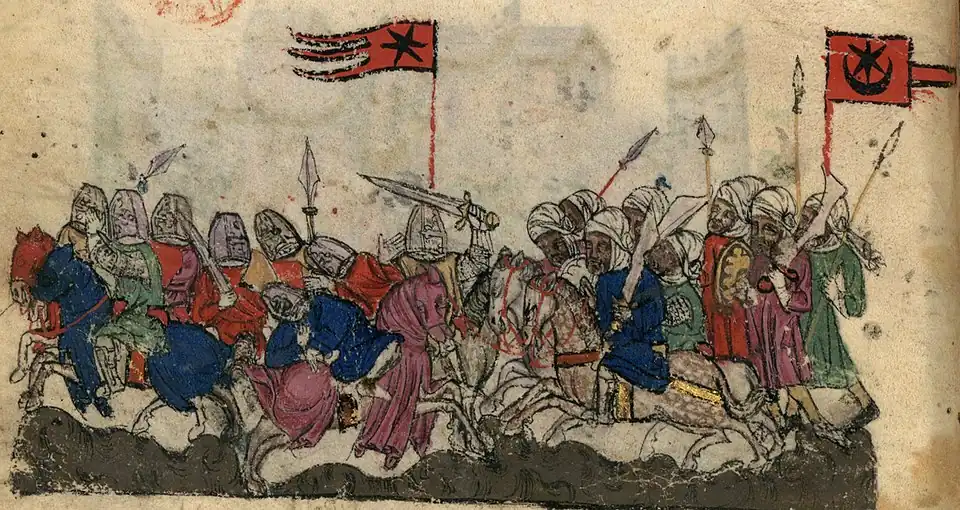 Representação de uma bandeira com estrela e crescente no lado sarraceno na Batalha de Jarmuque (ilustração manuscrita da História dos Tártaros, oficina catalã, início do século XIV).