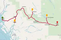 Corredor da Highway of Tears, incluindo alguns acessos pavimentados de comunidades periféricas à Rodovia 16.
