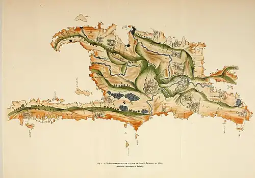 Primeiro mapa da ilha espanhola (Hispaniola) feito por Pedro Mártir de Angleria[5] em 1516, quando a ilha espanhola pertencia a toda a Espanha (1492-1604). A ilha espanhola pertenceu inteiramente à Espanha até 1605, quando foram realizadas as Devastações de Osorio.