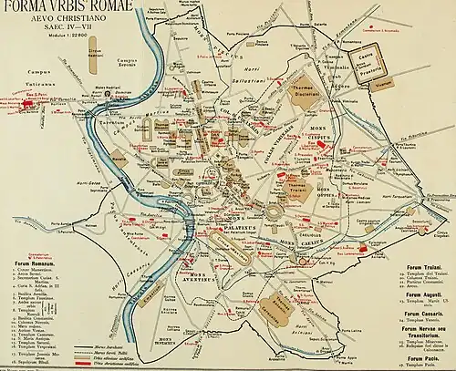 Mapa da Roma medieval: Basílica de Latrão circulada.