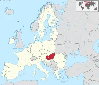 Localização da Hungria (em vermelho) na União Europeia (em amarelo)