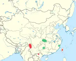 Distribuição de Taiwania (vermelho: distribuição natural, verde: naturalizada).[2][3]