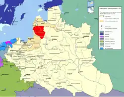 Mapa mostrando a localização do Ducado da Samogícia (em vermelho) na República das Duas Nações.